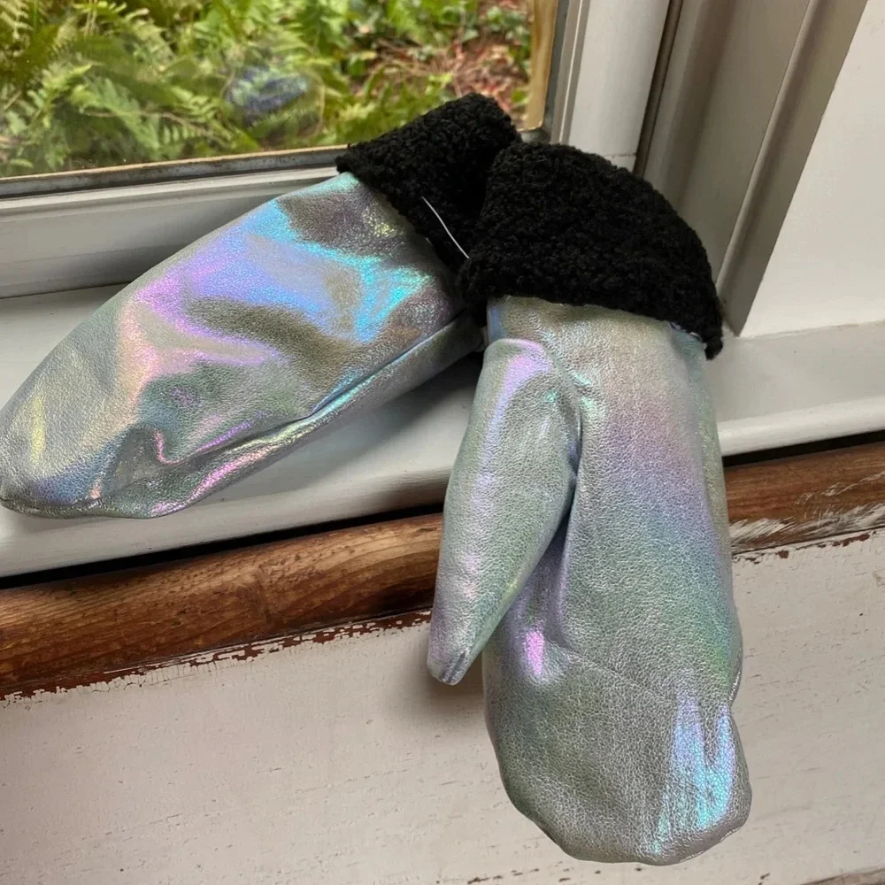 Anthropologie Metallic Faux Leather Mittens